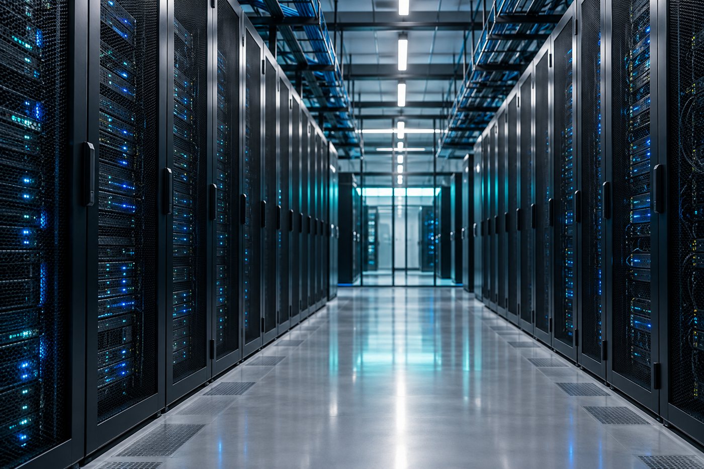 Illustrative aisle of server racks in a modern data centre